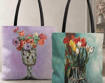 Henri Matisse Inspired Double-Sided Art Tote Bag, Anemones and Tulips, Colorful Modern Art Gift