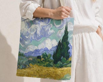 Van Gogh Double-Sided Art Tote Bag, Wheat Fields & Cypresses Reversible Canvas Purse, Impressionist Nature Museum Gift for Art Lovers