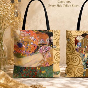Gustav Klimt Double-Sided Art Tote Bag, Adele and Tree of Life, Elegant Art Nouveau Gift for Mom