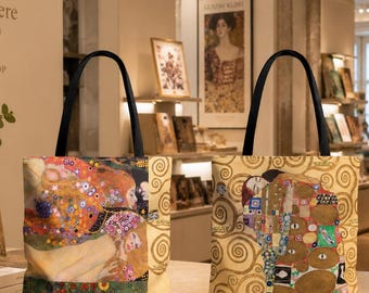 Klimt Double Sided Art Tote Bag, Elegant Gold Art Nouveau Shoulder Bag, Museum Gift for Mom, Luxury Canvas Tote, Tree of Life & Adele