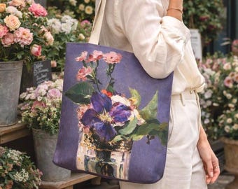 Edouard Manet Double-Sided Art Tote Bag, Flowers in Crystal Vase & Roses Reversible Canvas Purse, Still Life Museum Gift for Art Lovers