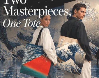 Hokusai Double-Sided Art Tote Bag, The Great Wave & Red Fuji Reversible Canvas Purse, Japanese Ukiyo-e Museum Gift for Japanese Art Lovers