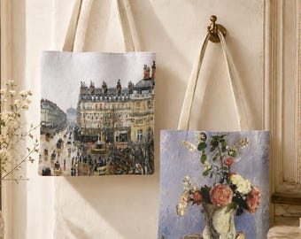 Camille Pissarro Double-Sided Art Tote Bag, Paris Street & Floral Still Life, Impressionist Museum Gift