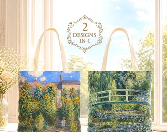 Claude Monet Double-Sided Art Tote Bag, Artist Garden & Japanese Bridge Reversible Canvas Purse, Soft Aesthetic Museum Gift for Art Lovers