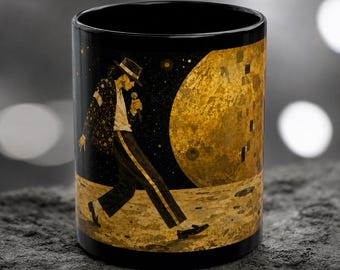 Golden Moonlit Dancer Black Ceramic Mug, Mosaic Art-Inspired Coffee Cup, Gift for Music and Art Lovers