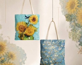Van Gogh Double-Sided Art Tote Bag, Sunflowers and Almond Blossom, Floral Museum Gift for Art Lovers
