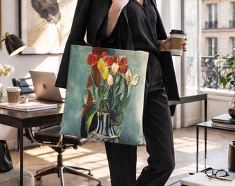 Henri Matisse Double-Sided Tote Bag, Anemones & Tulips Reversible Canvas Handbag, Colorful Floral Museum Gift for Artists, 3 Sizes