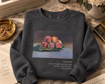 Manet Peach Still Life Sweatshirt, Fleece-Lined Charcoal Crewneck, Dark Academia Art Gift