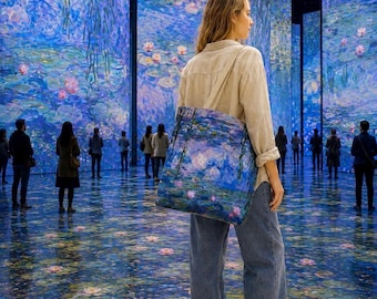 Claude Monet Double-Sided Art Tote Bag, Water Lilies Blue Reversible Canvas Purse, Soft Impressionist Museum Gift for Water Lily Lovers