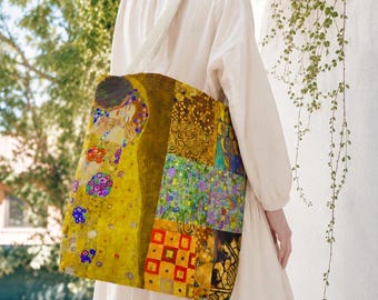 Gustav Klimt Double-Sided Art Tote Bag, The Kiss & Sunflowers Gold Art Nouveau Museum Gift, Reversible Canvas Shoulder Bag for Art Lovers