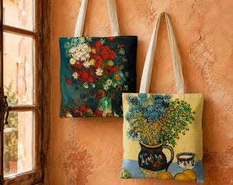 Van Gogh Double-Sided Art Tote Bag, Floral Still Life and Vase with Flowers, Museum Gift for Art Lovers
