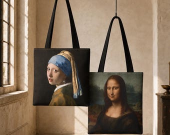 Mona Lisa & Girl with a Pearl Earring Double-Sided Art Tote Bag, Vermeer Da Vinci Museum Gift, Famous Portrait Shoulder Bag
