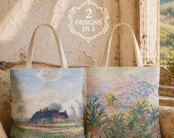 Claude Monet Double-Sided Art Tote Bag, Palm Trees at Bordighera and Tulip Fields, Impressionist Gift