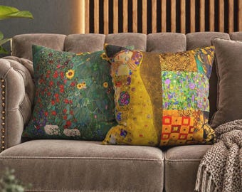 Klimt Double-Sided Pillow Cover, The Kiss Collage & Farm Garden with Sunflowers, Art Cushion, Decorative Pillow