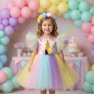 Vestito tutù unicorno arcobaleno per bambine / Abito pastello per feste di compleanno / Principessa piccola