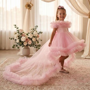 Pink Flower Girl Dress with Dramatic Train | Ruffle Tulle Hi-Low Toddler Gown | Birthday  Wedding Princess Outfit