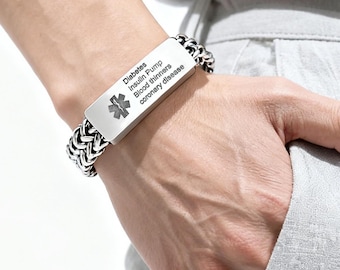 Spersonalizowana bransoletka z informacją medyczną, grawerowana bransoletka identyfikacyjna dla mężczyzn, srebrna opaska medyczna, grawerowana opaska Contact Medic z ICE