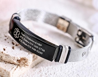 Pulsera de identificación médica de acero inoxidable grabada a medida, pulsera de alerta ajustable