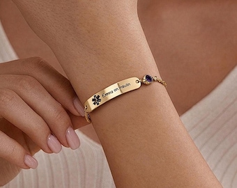 Gold Women's Medical Alert Bracelet, Personalized Diabetes Bracelet, Custom Insulin Medical ID Jewelry, Emergency Gift for Her