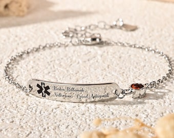 Women’s Custom Medical ID Silver Bracelet, Adjustable Copper Medical Alert Jewelry with Birthstone, Engraved Health Info Gift for Her