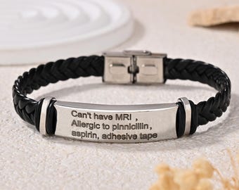 Personalized Leather Medical Allergy Bracelet for Men, Medical Alert Bracelet, Custom Engraved Emergency Medical ID Bracelet , Gift fo Him