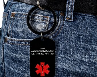Niestandardowy brelok z informacją medyczną, spersonalizowany brelok ze stali nierdzewnej z identyfikatorem medycznym, brelok z informacją o kontakcie w nagłych wypadkach, grawerowany prezent z informacją o bezpieczeństwie