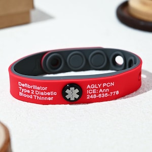 Custom Silicone Medical Alert Bracelet, Adjustable Emergency ID Band, Epilepsy Diabetes Allergy (8 Colors)