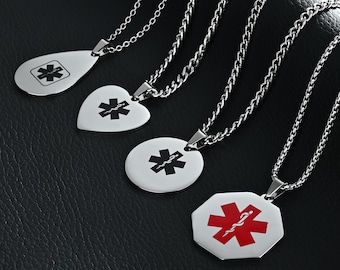 Custom Stainless Steel Medical Alert Necklace, Personalized ID Pendant
