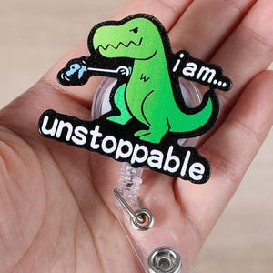 I&#39;m Unstoppable Funny Office Badge Reel, Cute Dinosaur Retractable ID Card Badge Holder, Name Tag Work Badge Clip for Teacher, Nurse Gifts