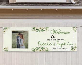 Letreros y pancartas de felicitación de boda personalizados para exteriores con nombre, foto y fecha. Letrero de bienvenida de boda personalizado para recepción IKJ8.