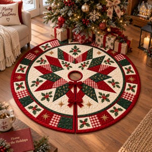 May include: A circular quilted Christmas tree skirt featuring a central star pattern in red, dark green, and cream. The design includes holly berry motifs, red and white gingham squares, and gold embroidered stars, secured with two red fabric bows.