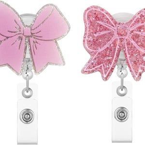 Pink Bow Badge Reel for ID Card Badge,Retractable Badge Holder Alligator Clip Accessories for Nurse,Medical Worker Accessories,Teachery
