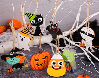 Halloween Baum Ornamente 1 Schicht Holz Hängen Kürbis Geist Fledermäuse Hexenhut Ornamente für Baum Halloween Holz Requisiten Party Dekoration
