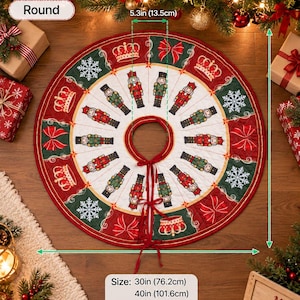 May include: A round quilted Christmas tree skirt featuring a white center with nutcracker figures and a red and green border with crowns, snowflakes, and bows. The center opening is 5.3 inches. Available sizes include 30, 35, 40, and 48 inches.