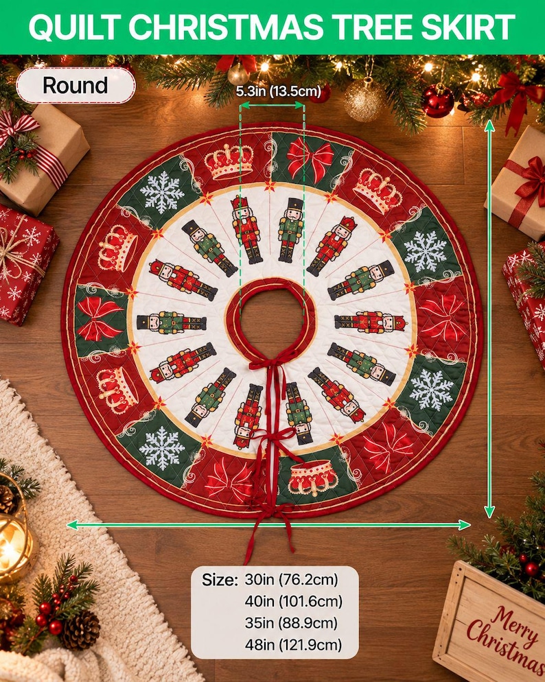 May include: A round quilted Christmas tree skirt featuring a white center with nutcracker figures and a red and green border with crowns, snowflakes, and bows. The center opening is 5.3 inches. Available sizes include 30, 35, 40, and 48 inches.