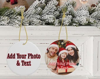 Adornos navideños personalizados con texto e imagen, diseño de doble cara, adorno navideño de cerámica personalizado con foto, árbol de Navidad personalizado