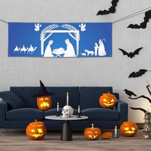 Christmas Christian Nativity Scene Pattern Banner Porch Sign 24 x 71 Inches Background Welcome Decoration Party Backdrop Banners JHG6