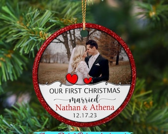 Personalized Upload Picture Mr Mrs Married Ceramic Ornament Christmas,Our First Christmas Married Ornament,Mr Mrs Newlywed 1st Xmas Married