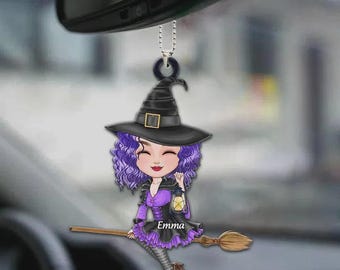 Personalisierte Hexe Mädchen Auto hängende Verzierung, benutzerdefinierter Name Acryl Rückspiegel Dekor Halloween Geschenk