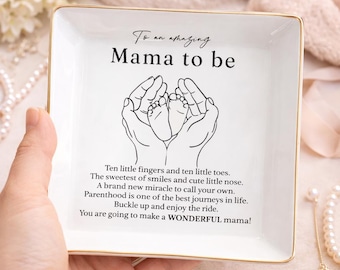 Porta-anéis personalizado em cerâmica, bandeja para joias com texto personalizado, presente para futura mamãe, presente para chá de bebê, lembrança minimalista para a nova mamãe.