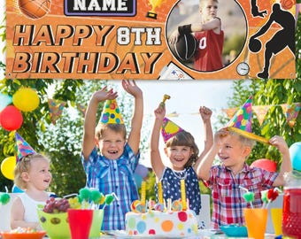 Striscione di compleanno personalizzato a tema basket / Sfondo per feste a tema sportivo personalizzato / Decorazione in vinile impermeabile per feste a tema basket, per bambini
