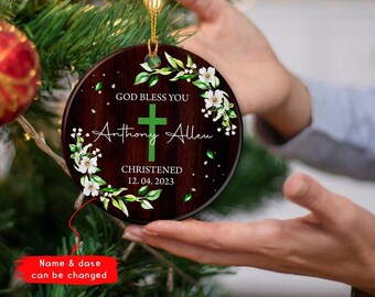 Adorno navideño personalizado "Dios te bendiga", recuerdo navideño de cerámica para bautizo, adorno navideño para bautizo, regalo para bebé