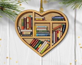 Adorno de libro 3D de 2 capas, estantería de madera para árbol de Navidad, regalos navideños para amantes de los libros, regalo de San Valentín para amantes de los libros.