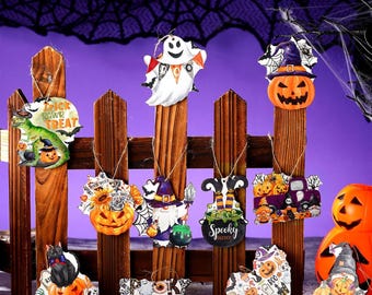 Halloween 1 Layer Wood Hanging Ornaments Halloween Pumpkin Bat Ghost Black Cat Pendant Slices Tags Hanging Decoration Wood Ornament