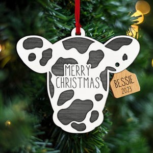 Personalized Merry Christmas Cow Ornament - Custom Name Christmas Tree Ornaments,Cow Ornament, Merry Christmas Cow and Tag Ornament