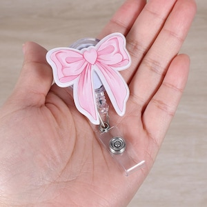 Pink Bow Badge Reel, Cute Retractable ID Card Badge Holder, Name Work Badge Clip for Doctor Librarian Psychologist Teacher, Nurse Gifts