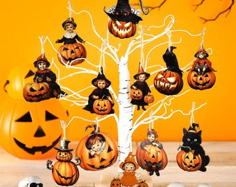 Halloween houten ornament voor boom Vintage ornamenten Houten Halloween hangende decoraties Pompoen Heks Zwarte kat Houten uitsparingen voor feestdecor