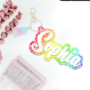 2-Layered Acrylic Custom Name Keychain, Personalized Backpack Keychain, Luggage Tag, Water Bottle Name Tag, Party Favors, Bridal Gifts GF576
