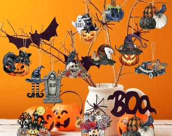 Halloweenträdekoration för träd Vintagedekorationer Trähängande Halloweendekorationer Pumpahäxa Svart katt Träutskärningar för hemmafest