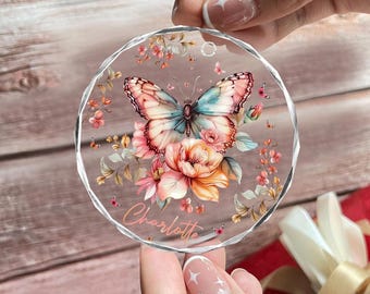 Personalized Pink Butterfly Ornament - Gift for Women and Butterfly Lovers - Custom Crystal Glass Christmas Tree Decoration